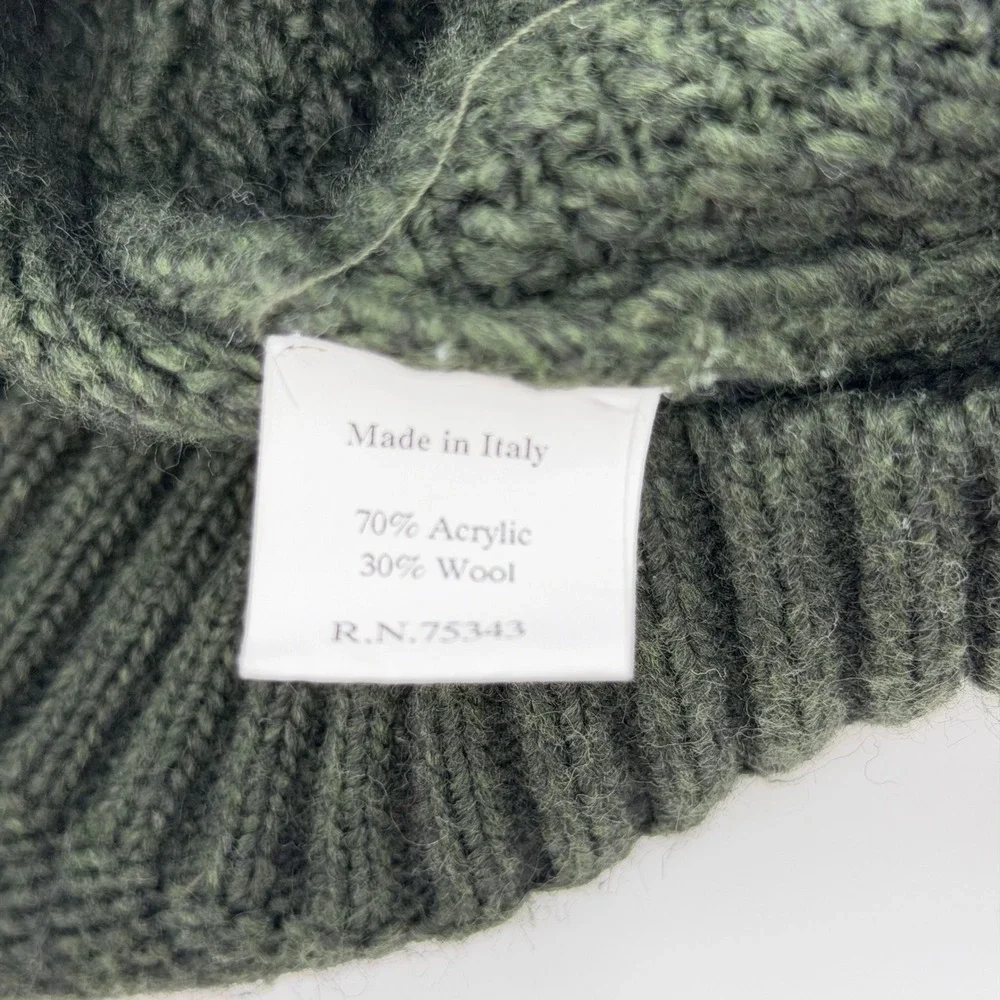 Dark Green Italian Fisherman Sweater L Shawl Collar Cable Knit Wool Blend Cozy